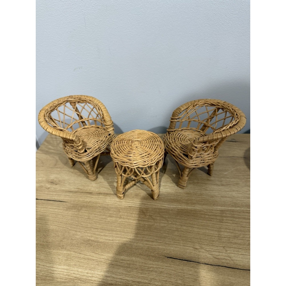 Vintage Barbie Size Wicker Rattan Doll Furniture Set Chairs‎ & Table